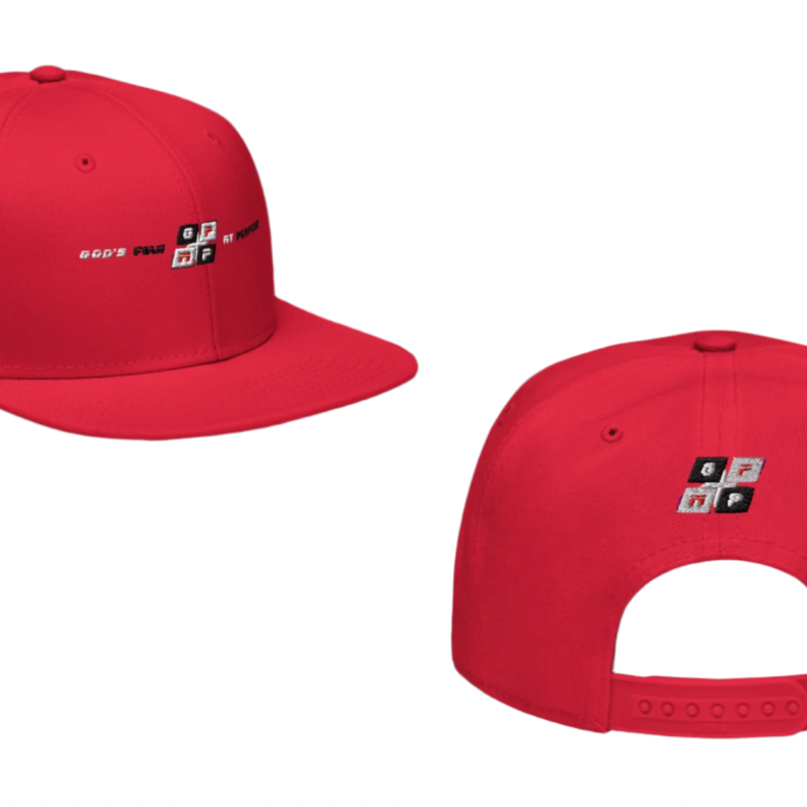 GP:MP Red Heat Flat Bill Cap, structured high-profile design, acrylic-wool blend, plastic snap closure, fiery red color.