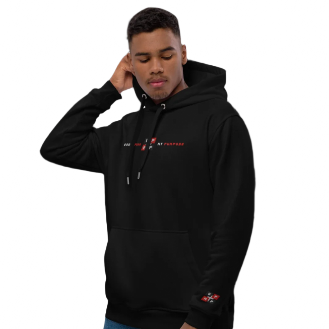 Black Ice Premium Hoodie modeled on a geometric black background.