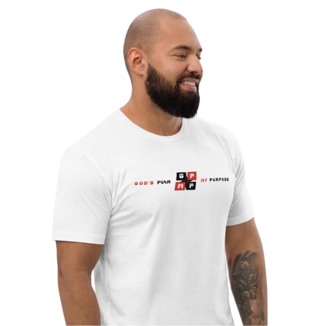 White Diamond Premium T-Shirt on model in front of geometric background.