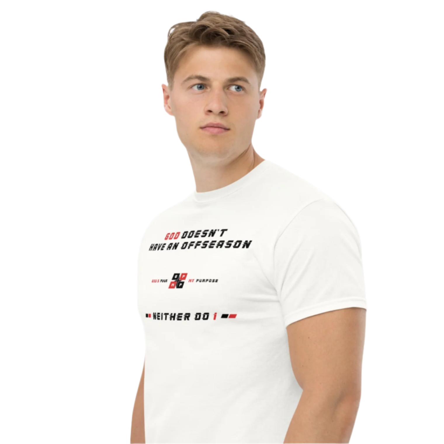 Male model wearing Offseason White Diamond Tee with bold text design in white.