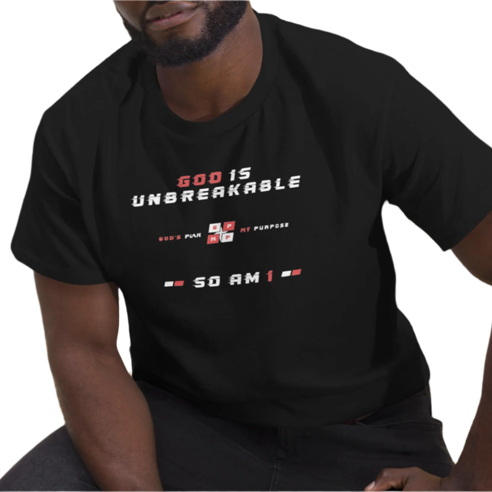 Unbreakable Black Ice Tee with empowering motto, black minimalist design, worn by model.