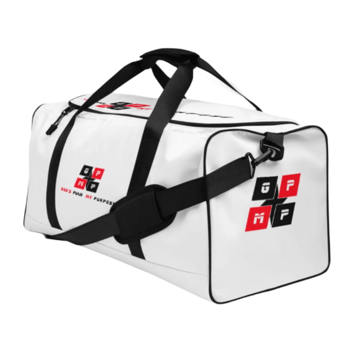 White Diamond Gym and Travel Bag with padded shoulder strap and handles, featuring durable polyester construction and multiple pockets for organization.