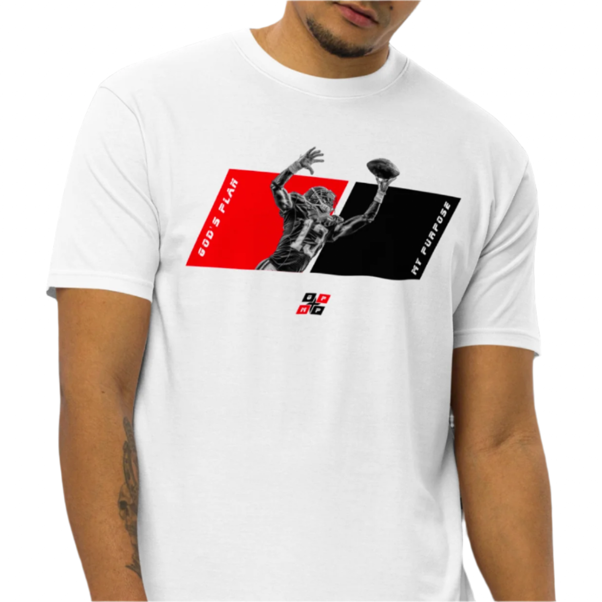 GP:MP Football Tee with dynamic player design and GP:MP logo, made from premium cotton.