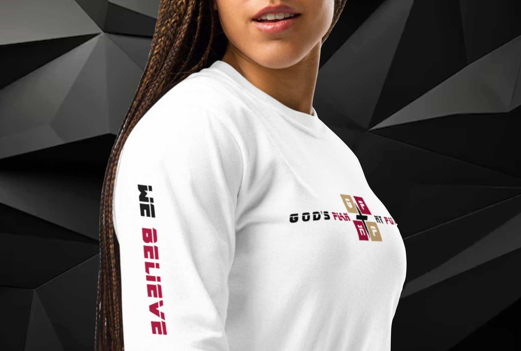 Faith-Filled-Eagle Premium Shirt with "We Believe" text and God's Plan logo on sleeve, worn by a woman.