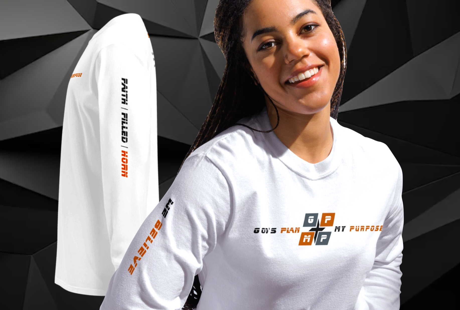 Faith-Filled-Horn Premium Shirt with God's Plan My Purpose logo, worn by a smiling woman.