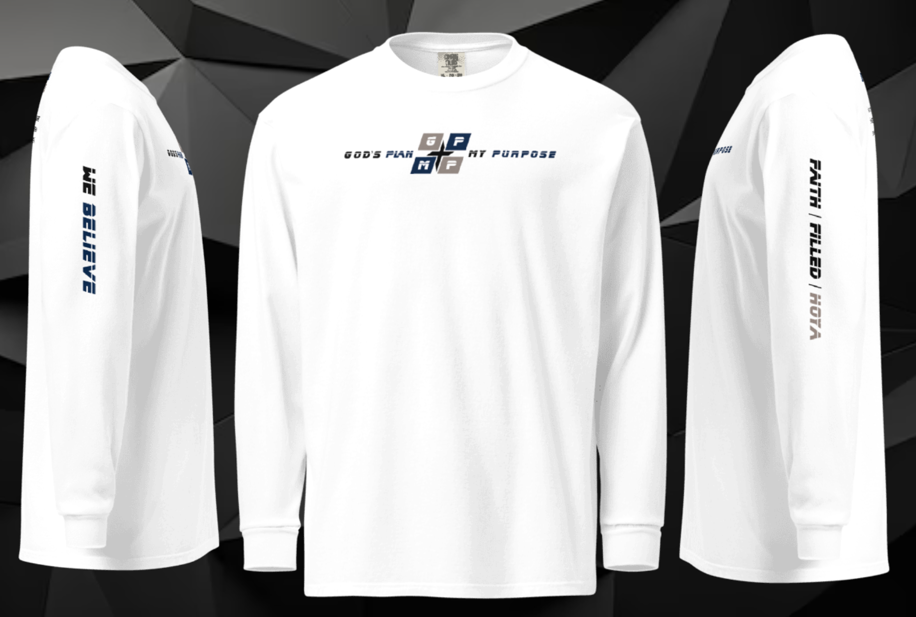 Faith-Filled-Hoya Premium Shirt with GP:MP logo, "FAITH-FILLED-HOYA," and "WE BELIEVE" text on sleeves, made from soft ring-spun cotton for comfort and durability.