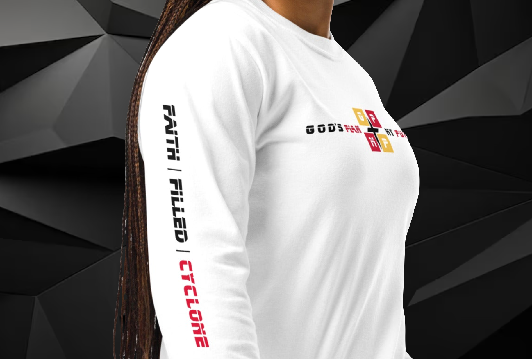 Faith-Filled-Cyclone Premium Shirt with logo on sleeve, ideal for expressing faith and fandom.
