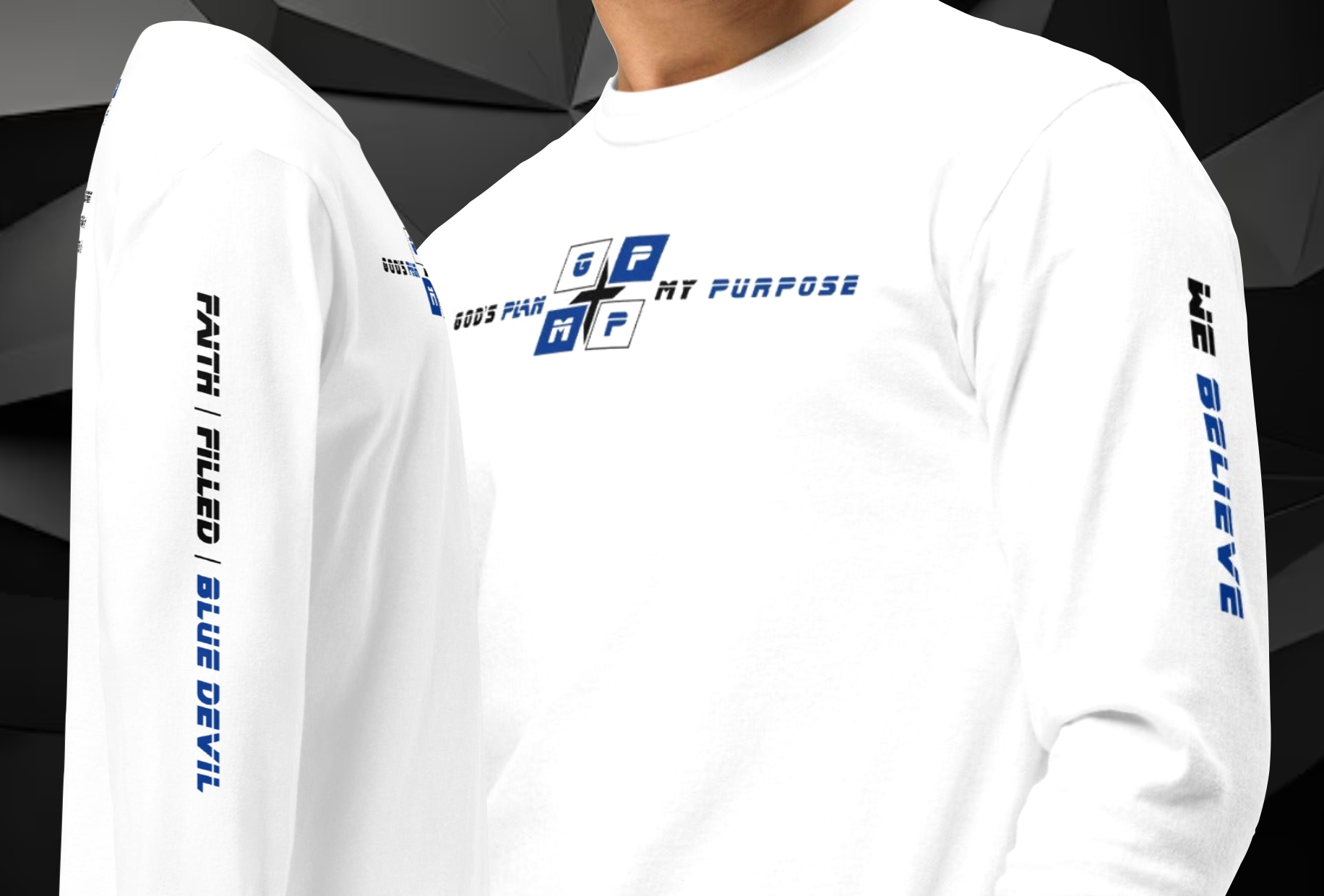 Faith-Filled-Blue Devil Premium Shirt with GP:MP logo and text on sleeve.
