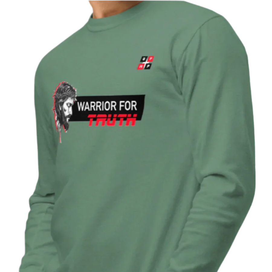 Warrior for Truth Premium Long Sleeve Shirt in green, featuring a bold design, relaxed fit, and comfortable garment-dyed fabric.