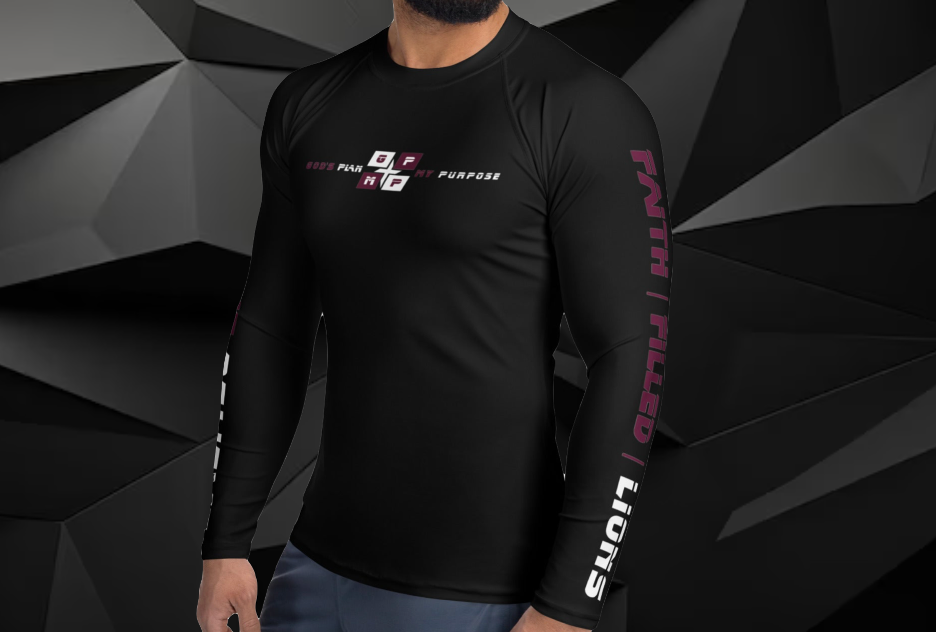 Faith-Filled-Lions Premium Athletic Shirt with GP:MP logo and "WE BELIEVE" text, black fabric.