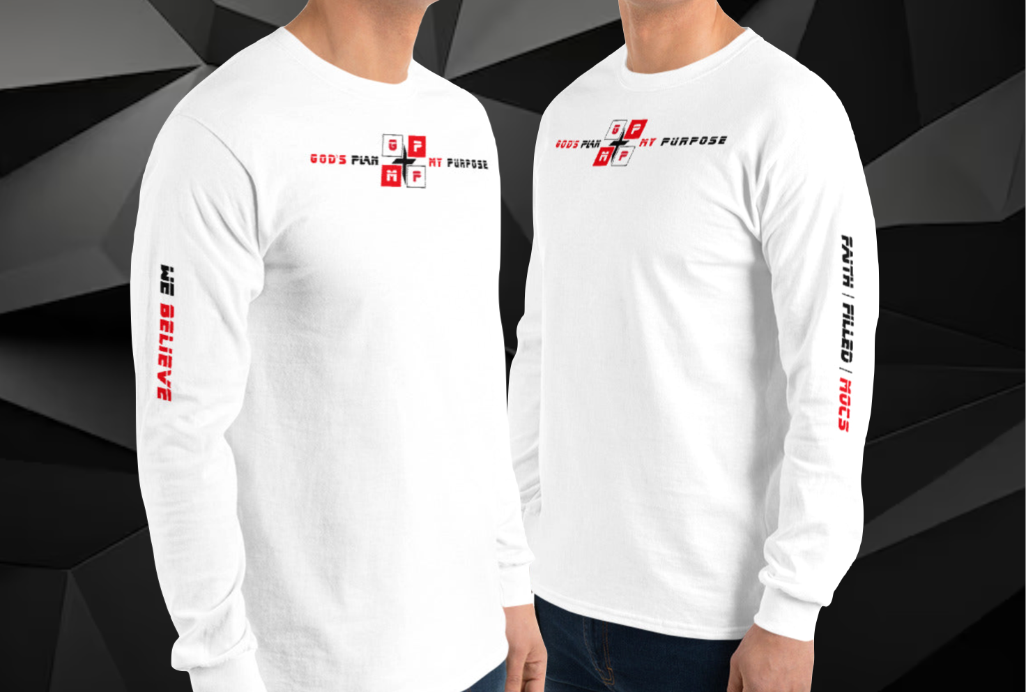 Faith-Filled-Mocs Premium Long Sleeve Shirt in white with faith-inspired design, 100% cotton, classic fit, rib cuffs.