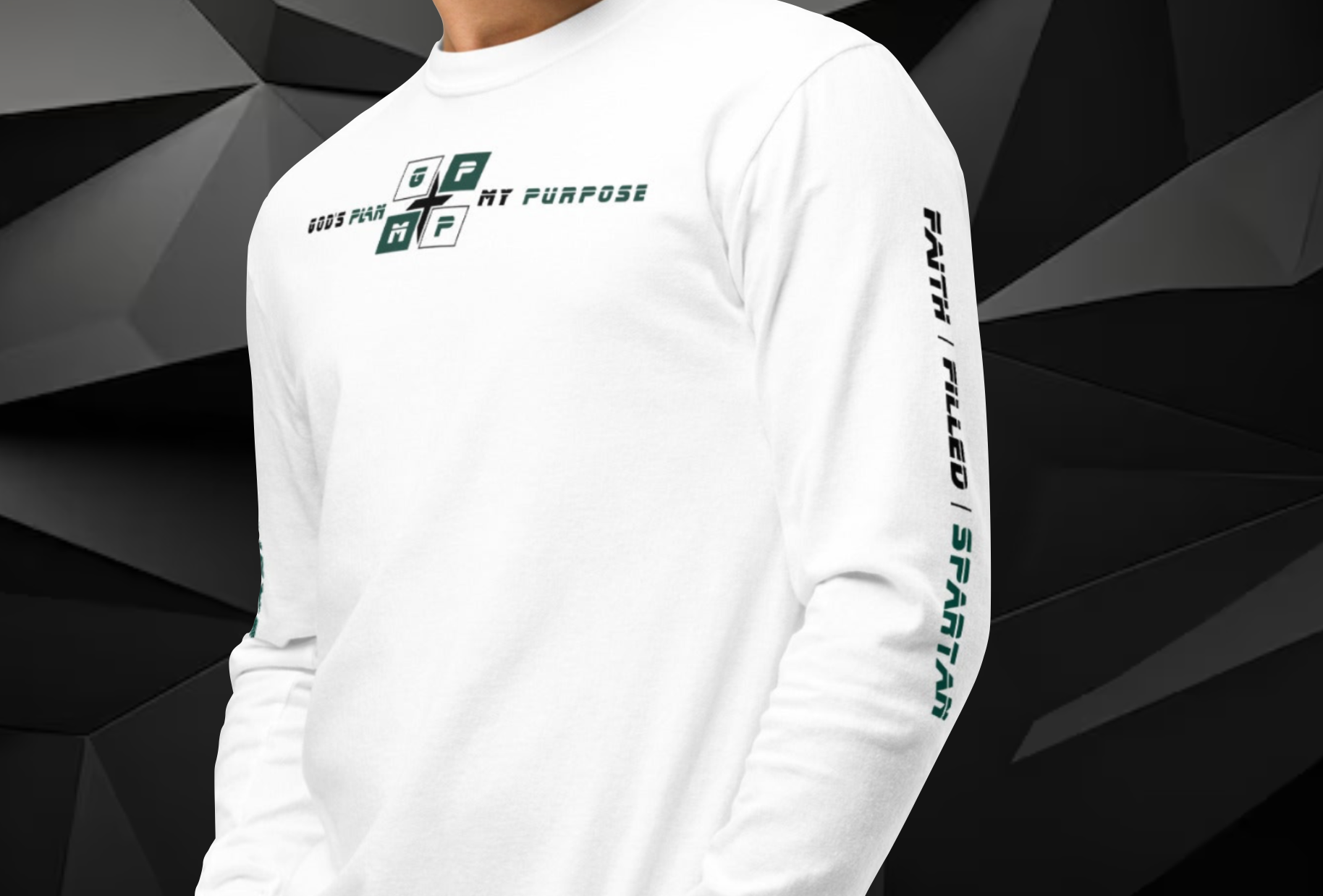 Faith-Filled-Spartan Premium Shirt with Michigan State-themed design, featuring "God's Plan My Purpose" on front and "Faith Filled Spartan" on sleeve.