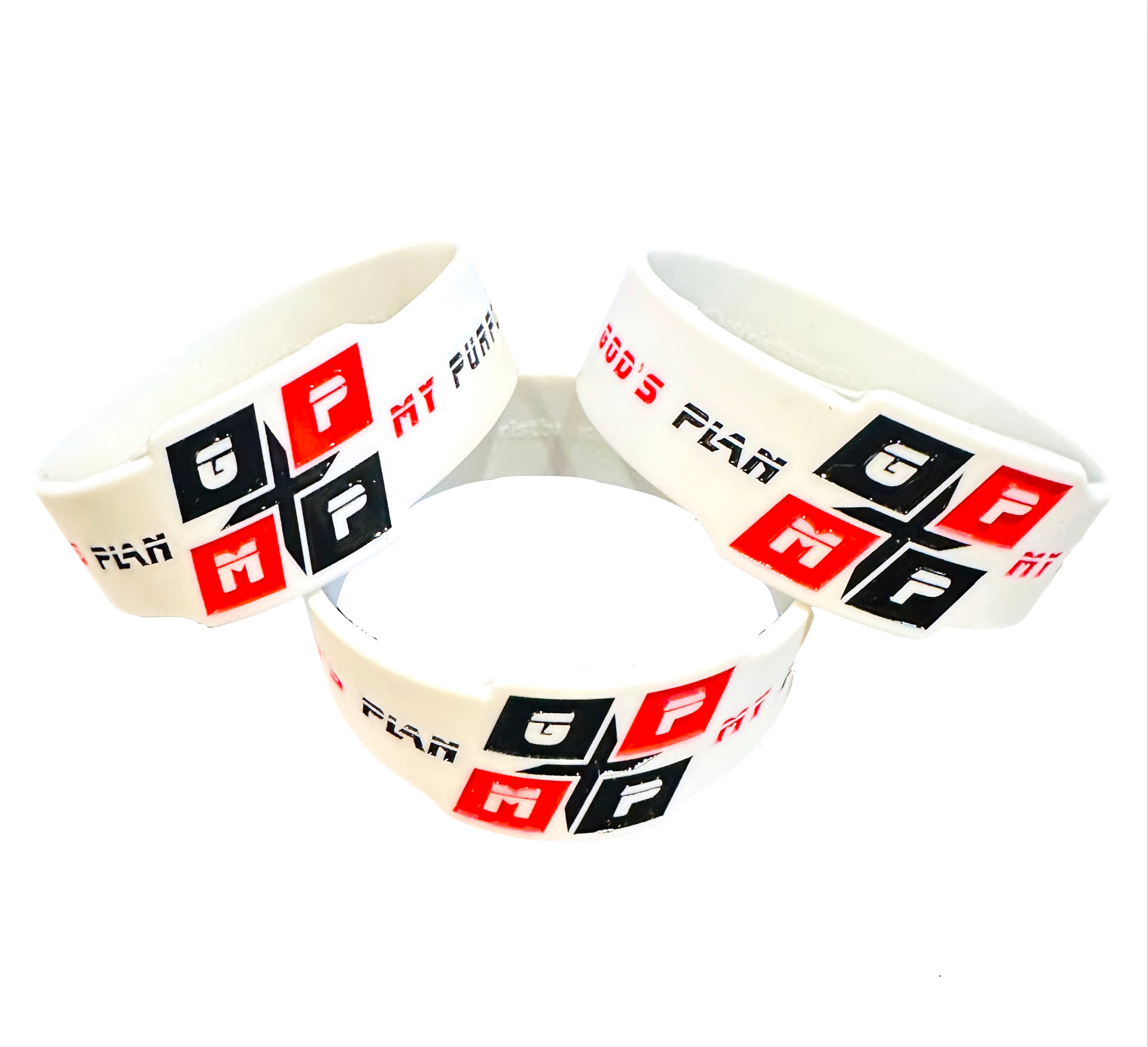 GPMP Sports Wrist Bands 3 pack with die-cut logo and "God's Plan : My Purpose" message debossed on silicone.