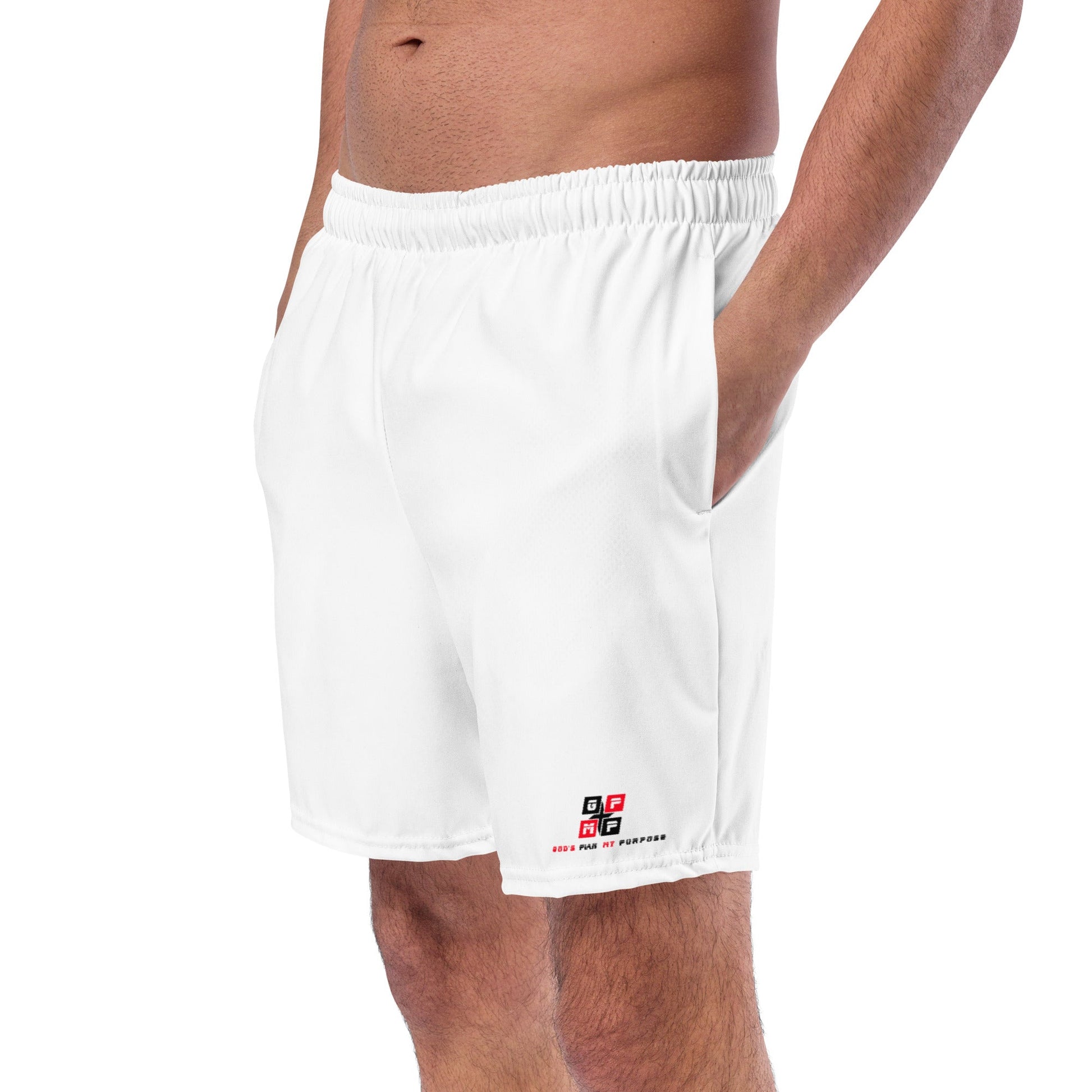 GPMP White Microfiber Swim Trunks featuring quick-dry fabric and elastic waistband.