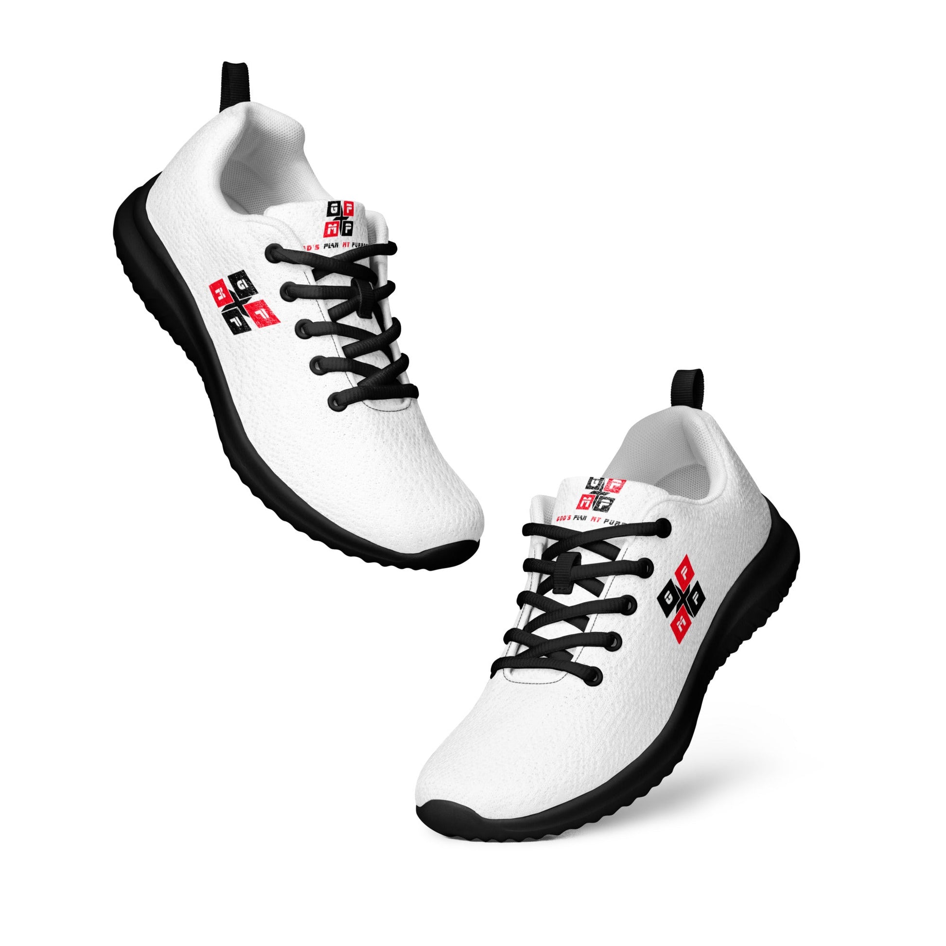 White FlyKnit athletic shoes with black soles and laces, designed for comfort and stability.