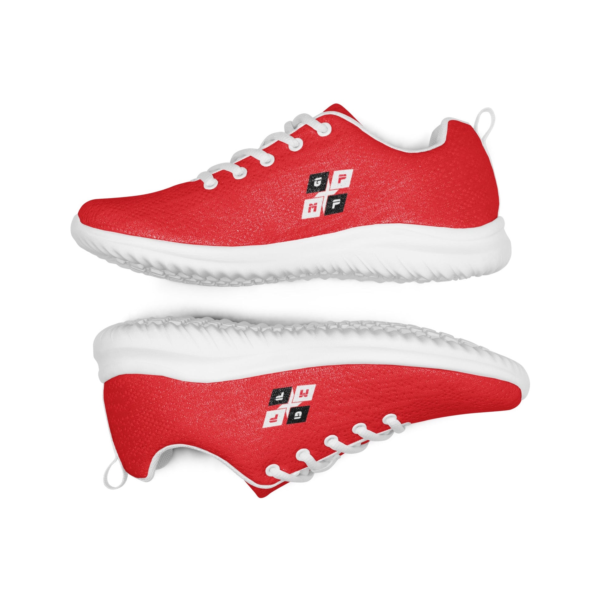 GPMP Red FlyKnit Athletic Shoes with padded collar and rubber outsole.