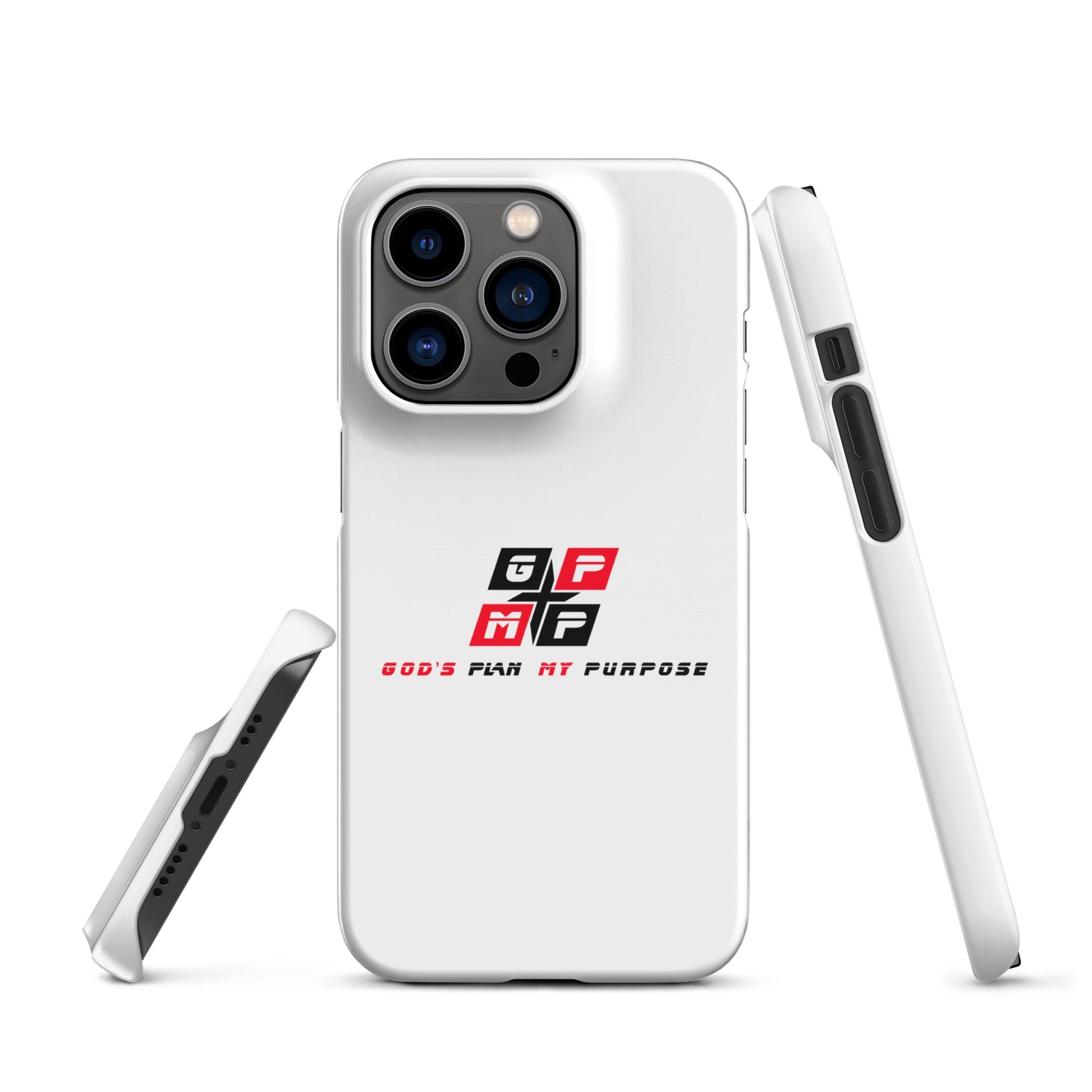 White minimalist snap case for iPhone with "God's Plan My Purpose" design, lightweight polycarbonate material, wireless charging compatible.