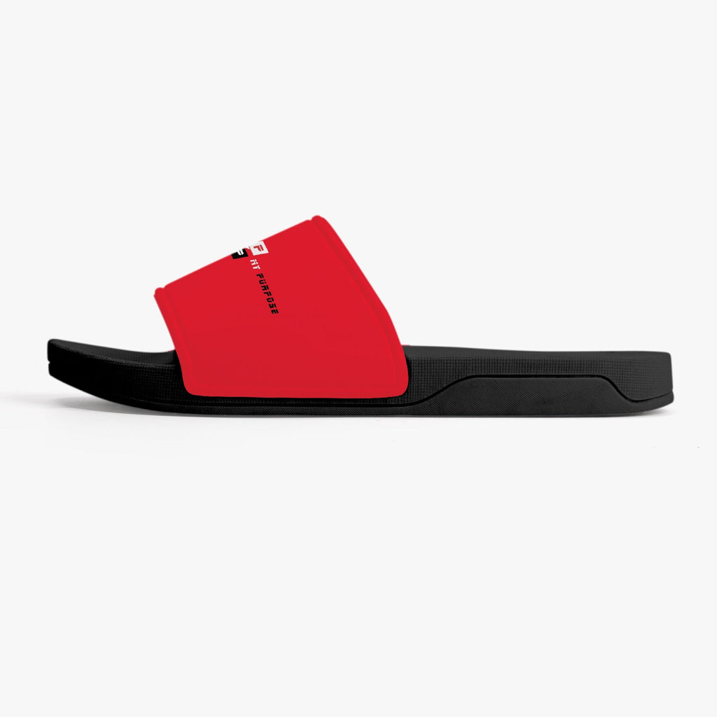 GPMP Red & Black Slides with anti-slip rubber sole, unisex design.