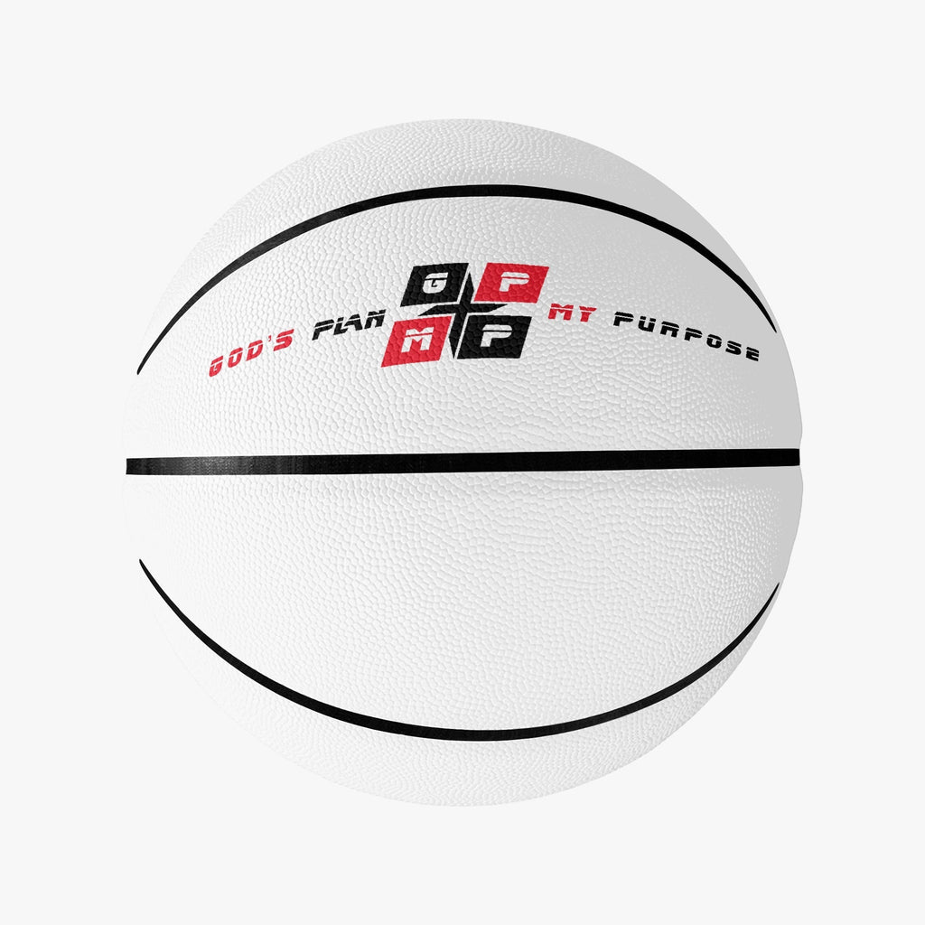 GPMP White Full Size Practice Basketball, 29.5-inch synthetic leather, high-res print, indoor/outdoor use.