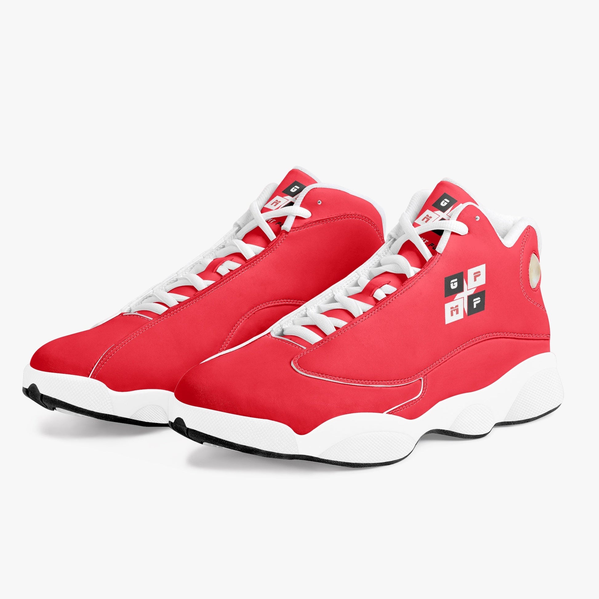 GPMP Red High-Top Leather Basketball Sneakers for unisex with EVA padded insoles and mesh lining.