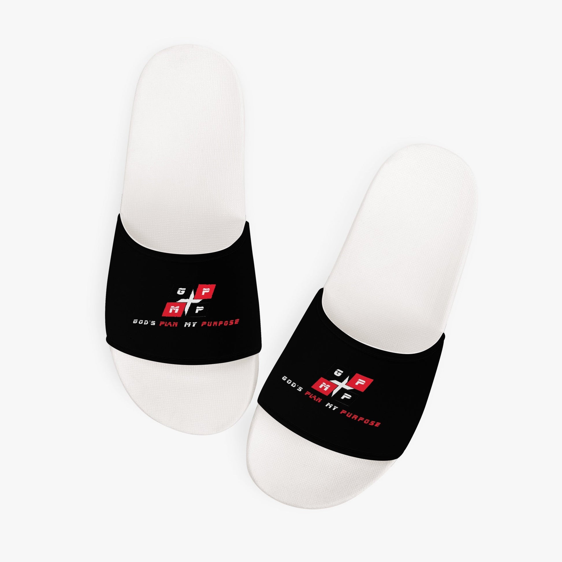 Unisex GPMP Black & White Slides with anti-slip rubber sole and premium PVC material.