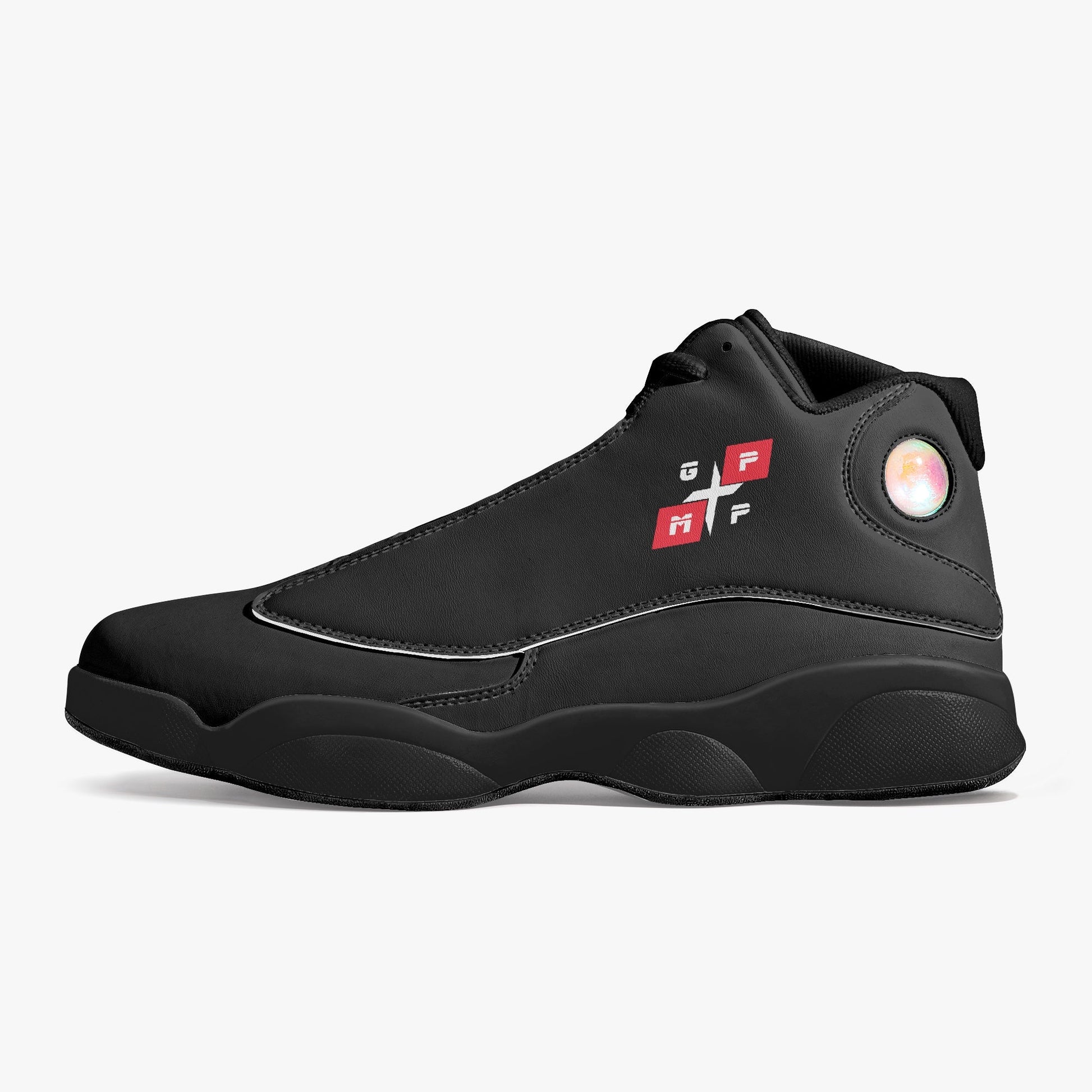 GPMP Black Sole High-Top Leather Basketball Sneakers with EVA outsole and mesh lining.