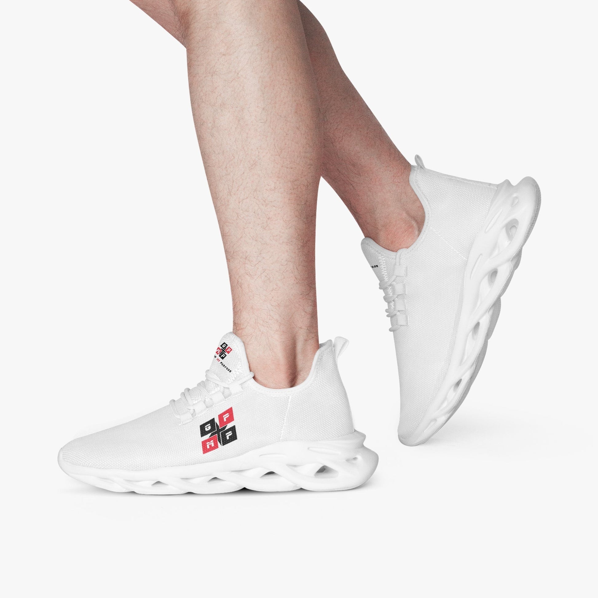 Unisex GPMP White Mesh FlyKnit Sneakers with lace-up closure and EVA padded insoles.