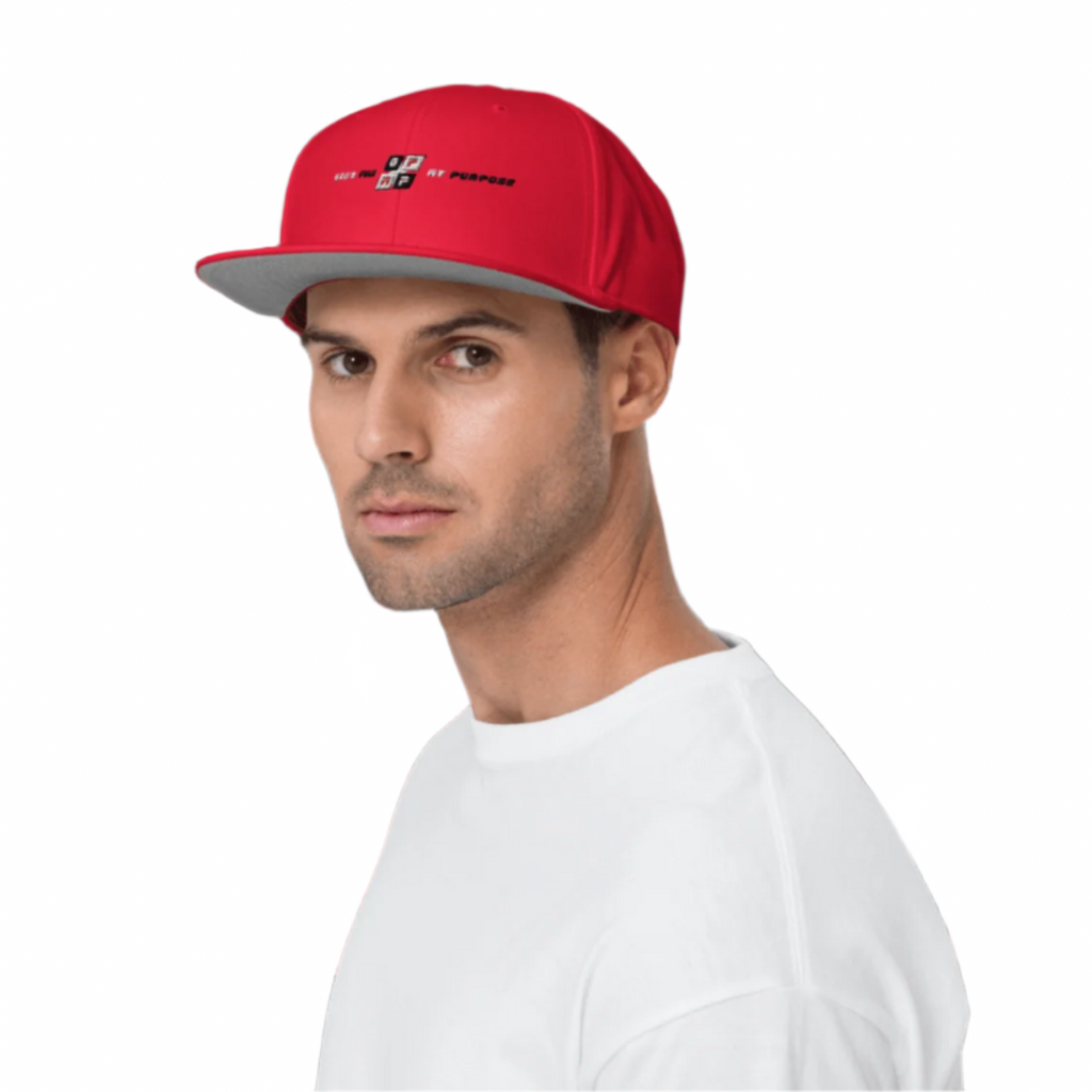 Red Heat Flat Bill Cap with high-profile design, worn by a model against a dynamic red geometric background.