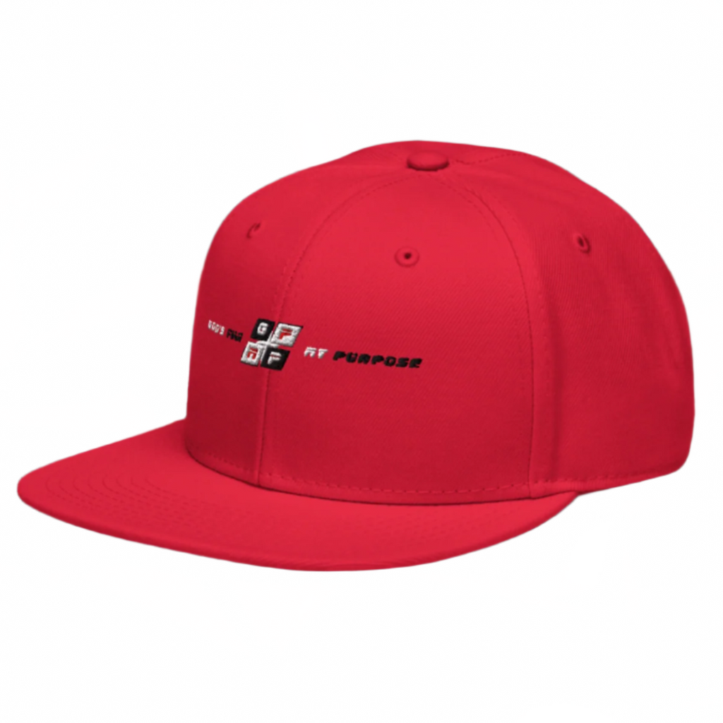 Red Heat Flat Bill Cap with a structured design, plastic snap closure, and bold text on the front.