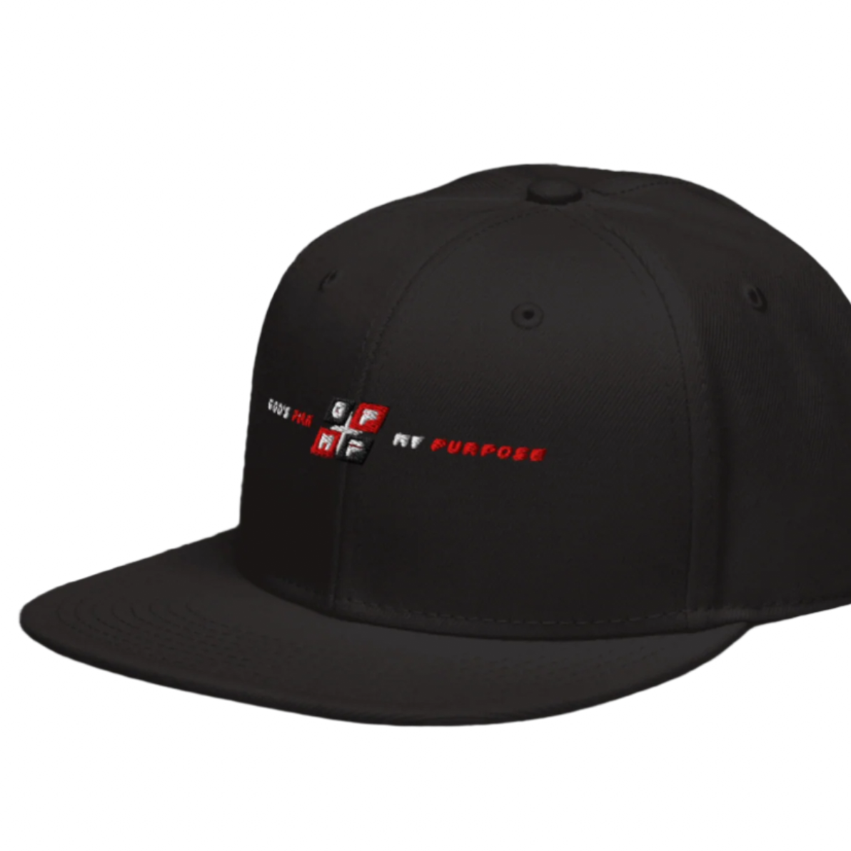 Black Ice Flat Bill Cap with structured 6-panel design and adjustable snap closure on geometric black background.