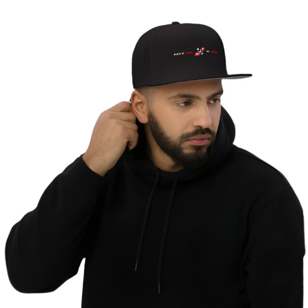 Black Ice Flat Bill Cap worn by model, sleek and structured design.