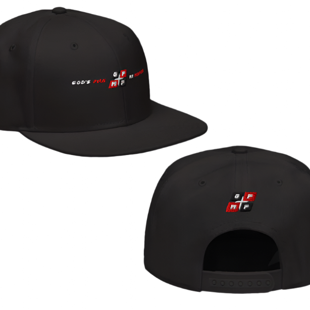 Black Ice Flat Bill Cap with structured, high-profile design, and plastic snap closure on geometric black background.