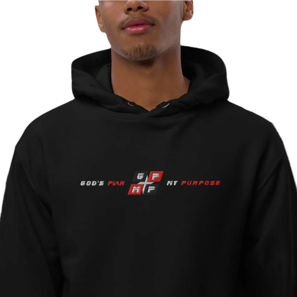 GP:MP Black Ice Premium Hoodie with brushed fleece, double-layered hood, and kangaroo pocket on model.