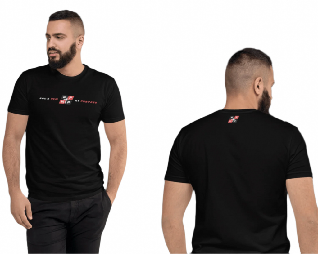 GP:MP Black Ice Premium T-Shirt in black, front and back view, featuring premium cotton fabric, comfortable and breathable design.