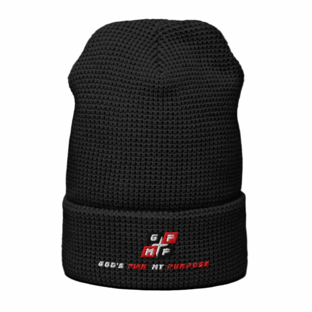 GP:MP Black Ice Waffle Beanie with honeycomb weave and adjustable cuff for warmth and style.