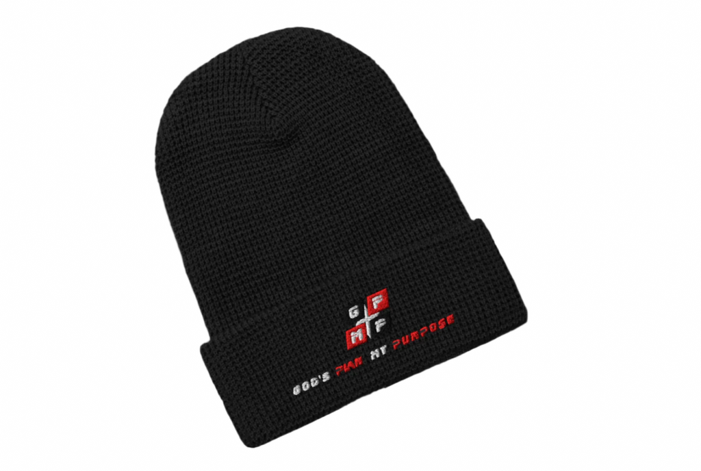 GP:MP Black Ice Waffle Beanie with honeycomb weave and adjustable cuff.
