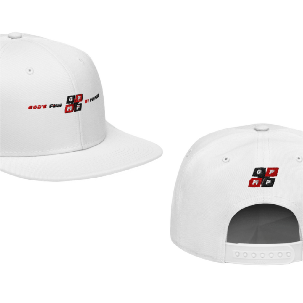 White Diamond Flat Bill Cap with structured 6-panel design and adjustable snap closure, featuring "God's Plan My Purpose" logo.