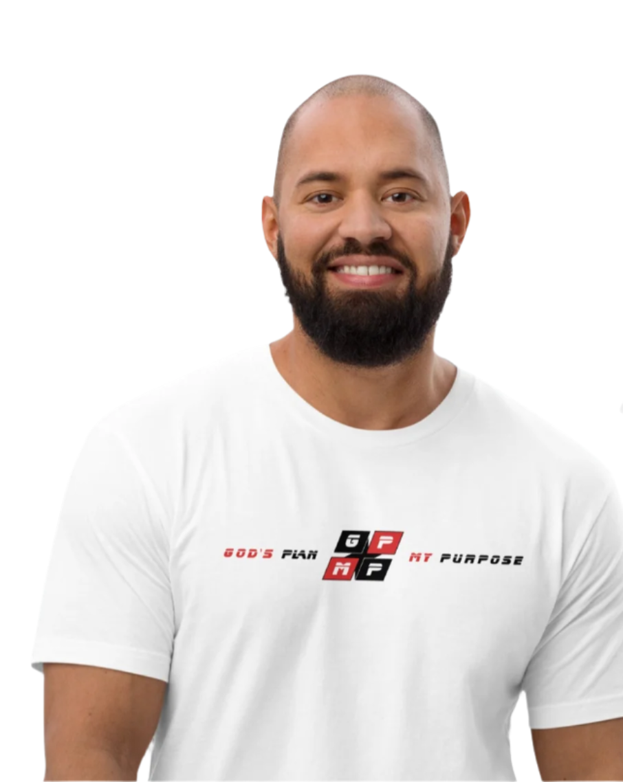 GP:MP White Diamond Premium T-Shirt with "God's Plan My Purpose" design, modeled and displayed on hanger, sleek and premium cotton.