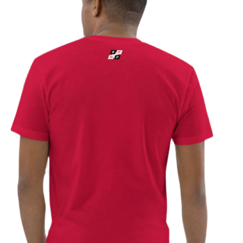 GP:MP Red Heat Tee; vibrant red color; 100% combed ring-spun cotton; bold statement apparel; unmatched comfort; sustainable product.