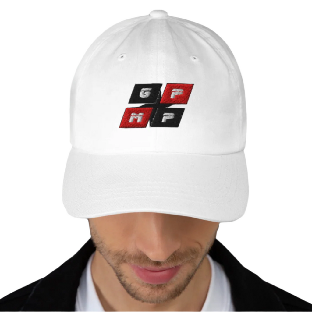White Diamond Baseball Hat with embroidered GPMP logo, premium comfort.
