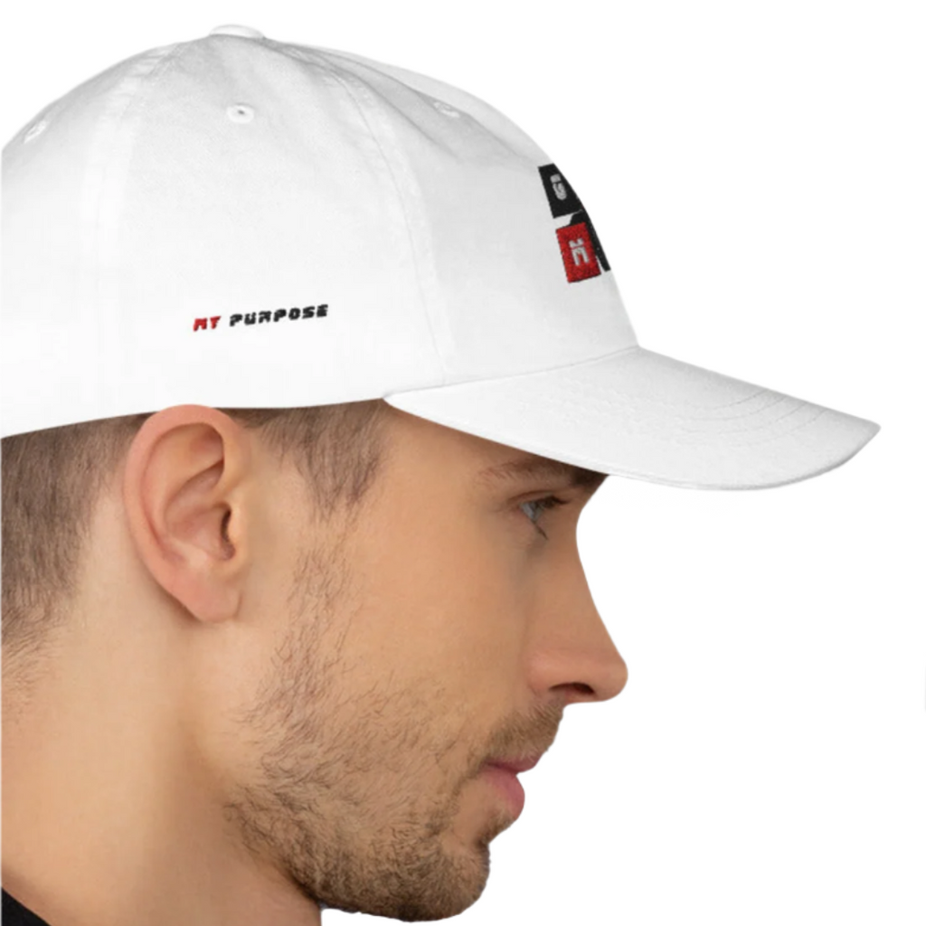 White Diamond Baseball Hat with GPMP logo, adjustable fit, premium comfort, and sleek design.