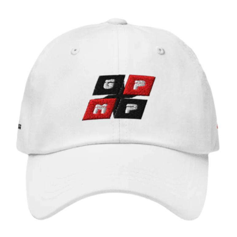 GPMP White Diamond Baseball Hat with embroidered logo, adjustable fit, and premium materials.