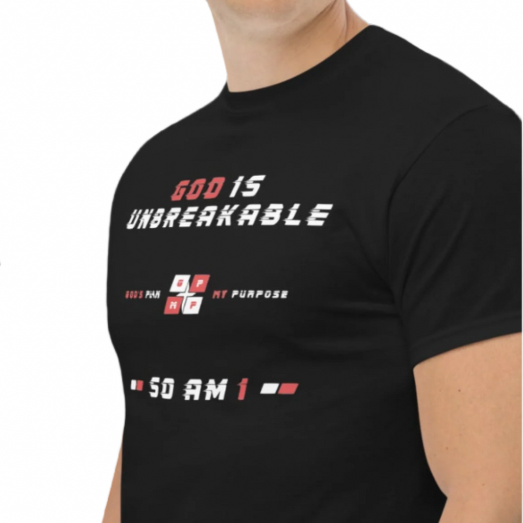 Unbreakable Black Ice Tee with "God is Unbreakable. So am I." message, minimalist black design.