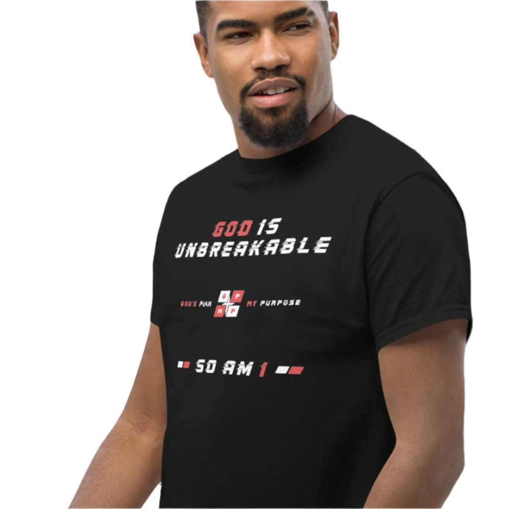 Unbreakable Black Ice Tee featuring "God is Unbreakable. So am I." message for resilience and strength.