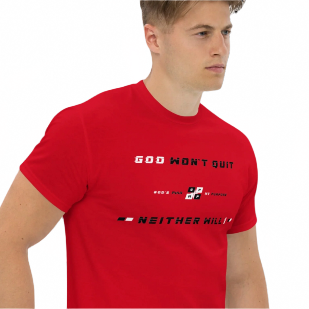 Won't Quit Red Heat Tee with motivational "God Won't Quit" slogan, athletic fit, bold design.