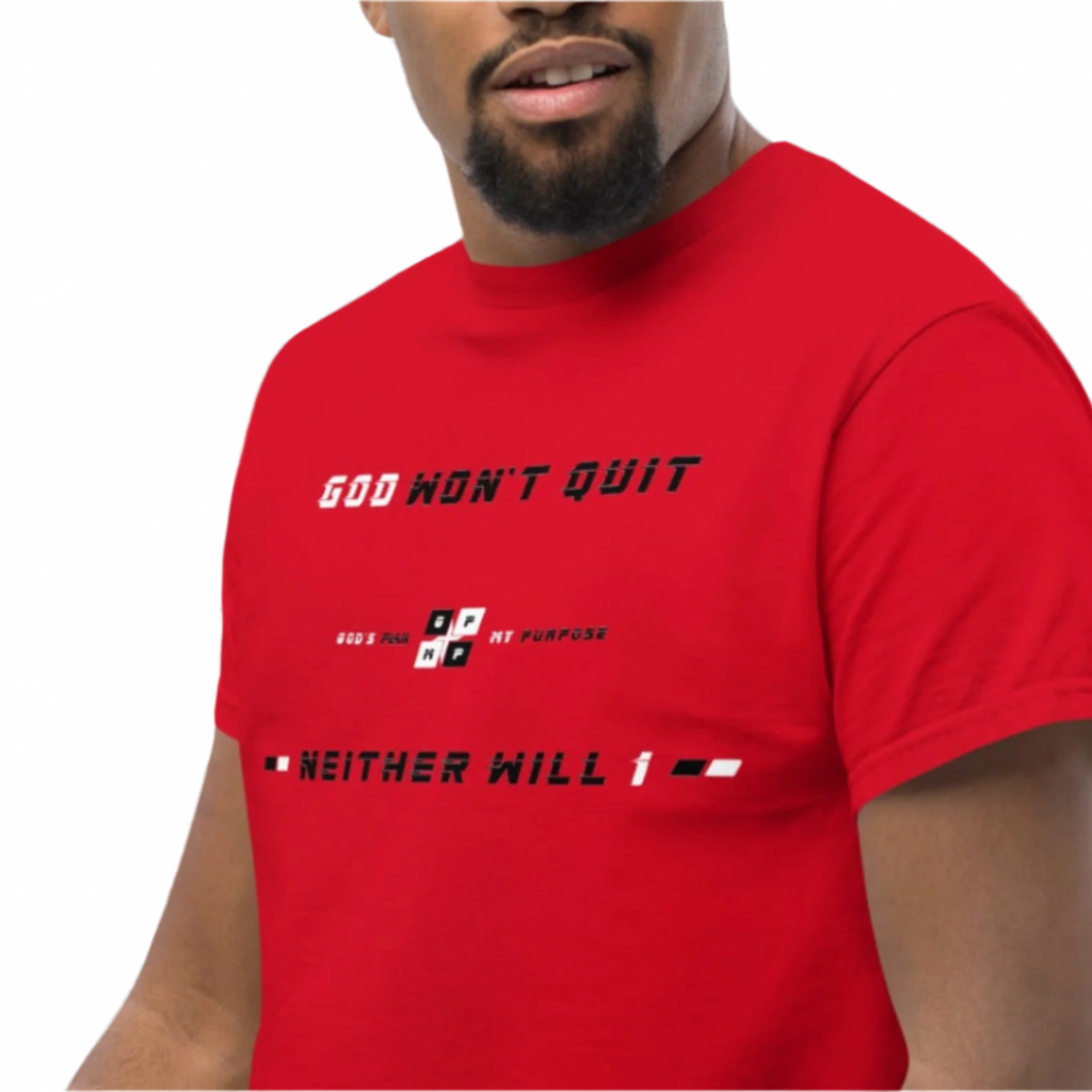 Won't Quit Red Heat Tee with motivational "God Won't Quit" slogan, bold design for inner grit.