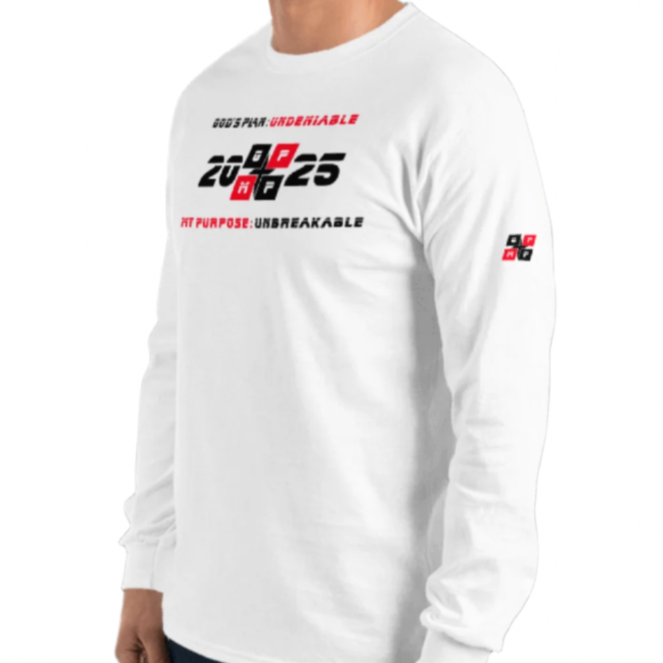 Unbreakable Long Sleeve Shirt, 2025 design, faith and purpose, classic fit, white.
