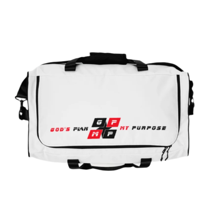 White Diamond Gym and Travel Bag with black accents, adjustable shoulder strap, mesh side pocket, and dual handles for versatile carrying.