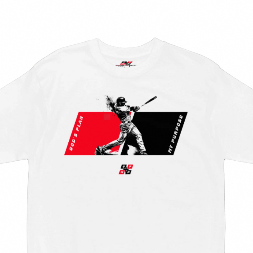 GPMP Baseball Tee with bold graphic and slogan "God's Plan, My Purpose" on premium white cotton fabric.