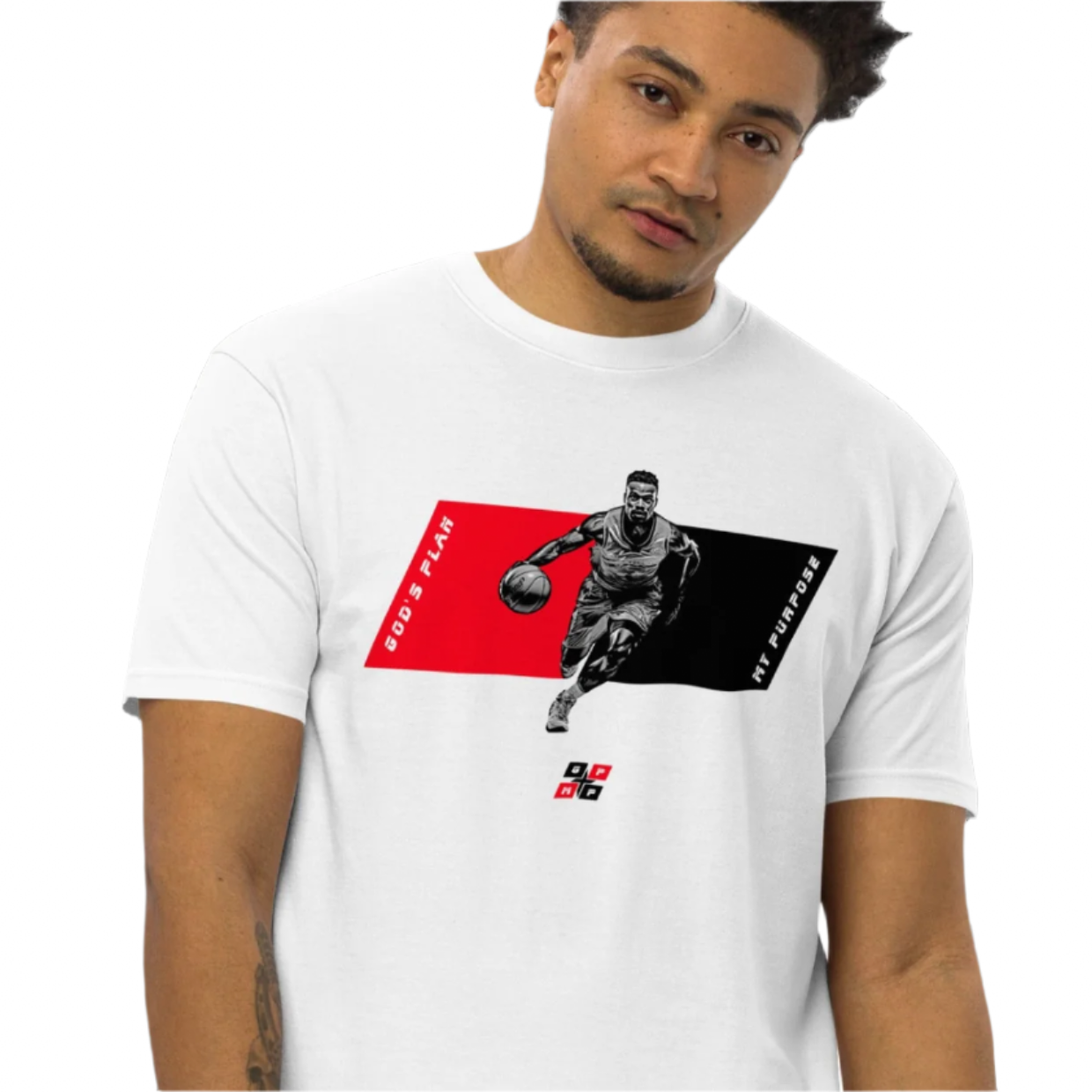 GPMP Basketball Tee with dynamic player graphic and GP:MP logo, made from premium cotton for comfort and style.
